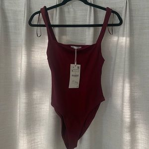 NWT Zara Maroon Ribbed Bodysuit - Medium
